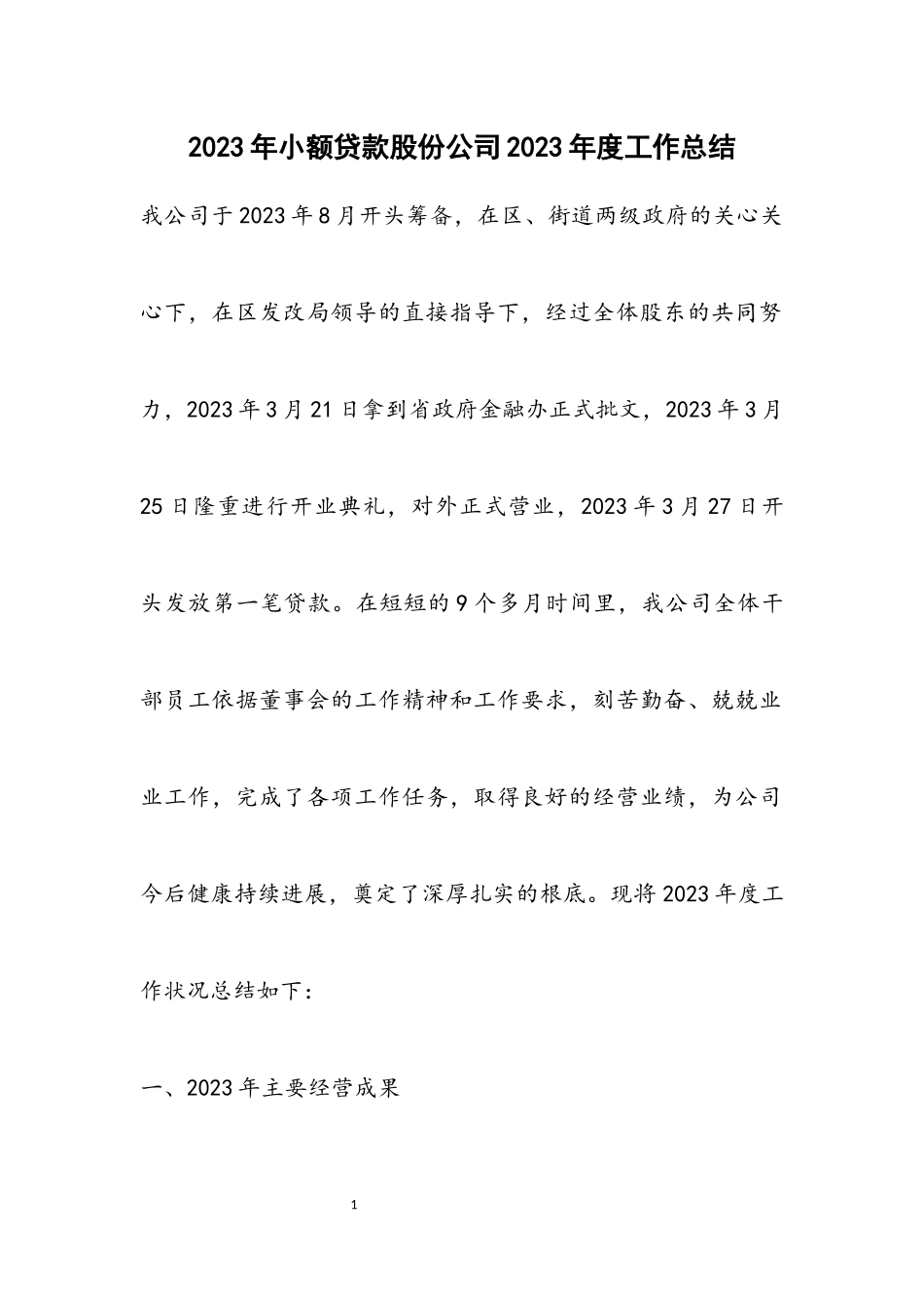 2023年小额贷款股份公司2023年度工作总结.docx_第1页