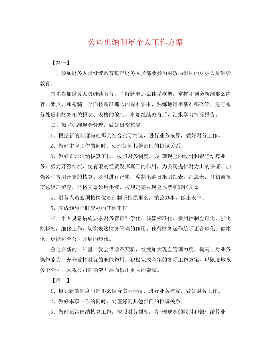 2023年公司出纳明个人工作计划.docx_第1页