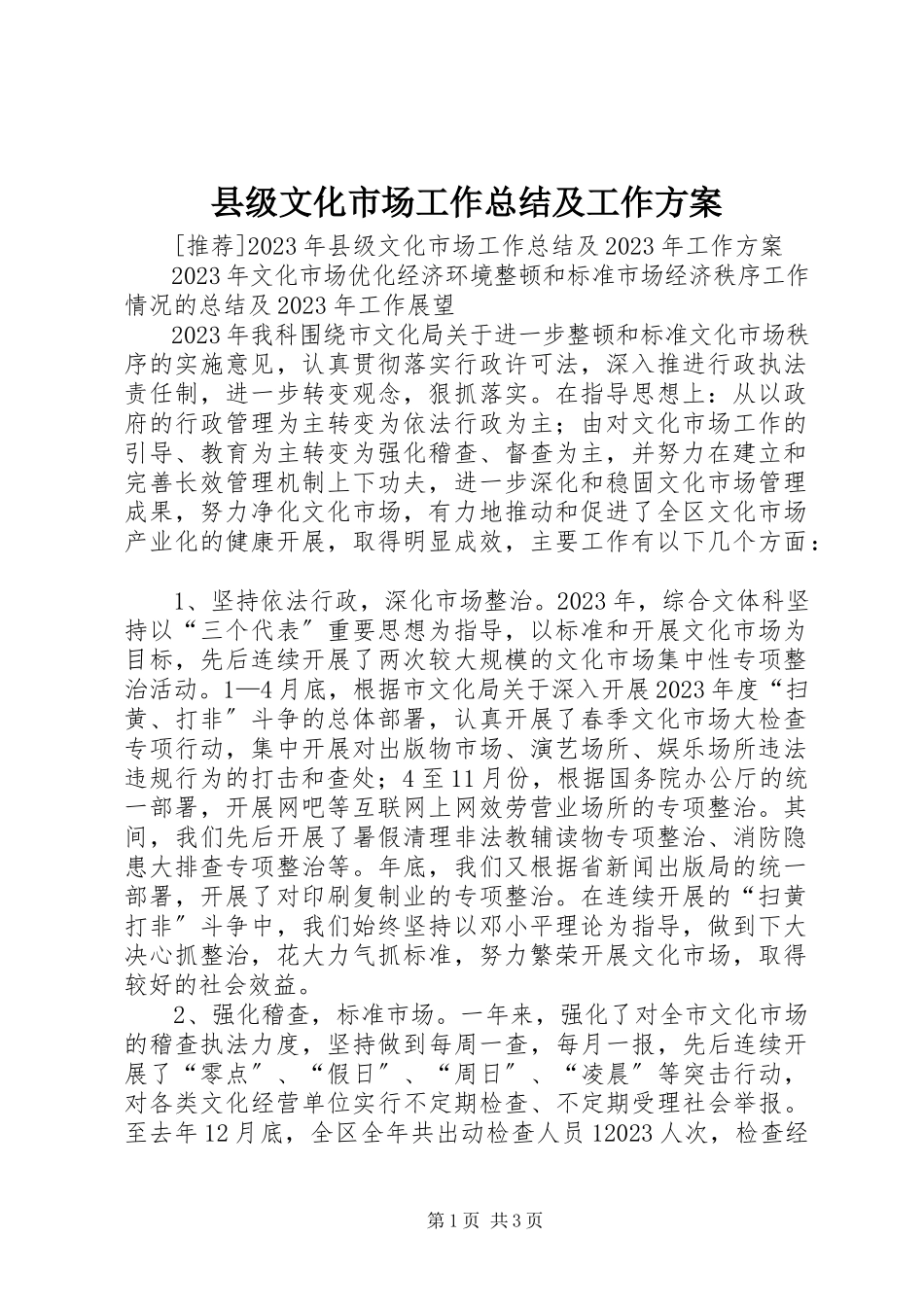 2023年县级文化市场工作总结及工作计划.docx_第1页