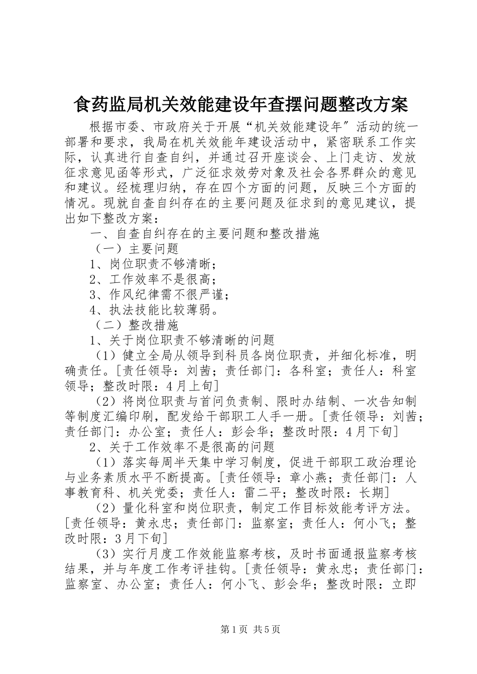 2023年食药监局机关效能建设年查摆问题整改方案.docx_第1页
