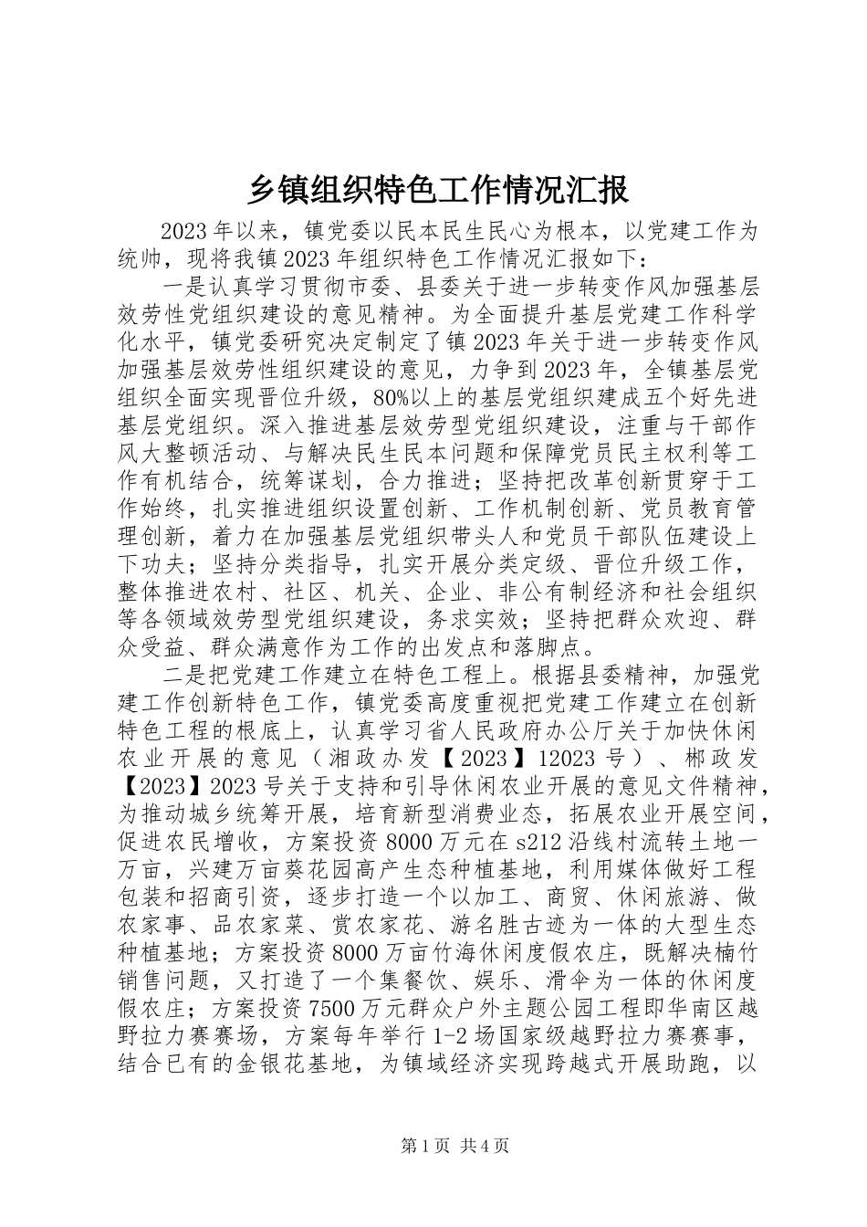 2023年乡镇组织特色工作情况汇报.docx_第1页