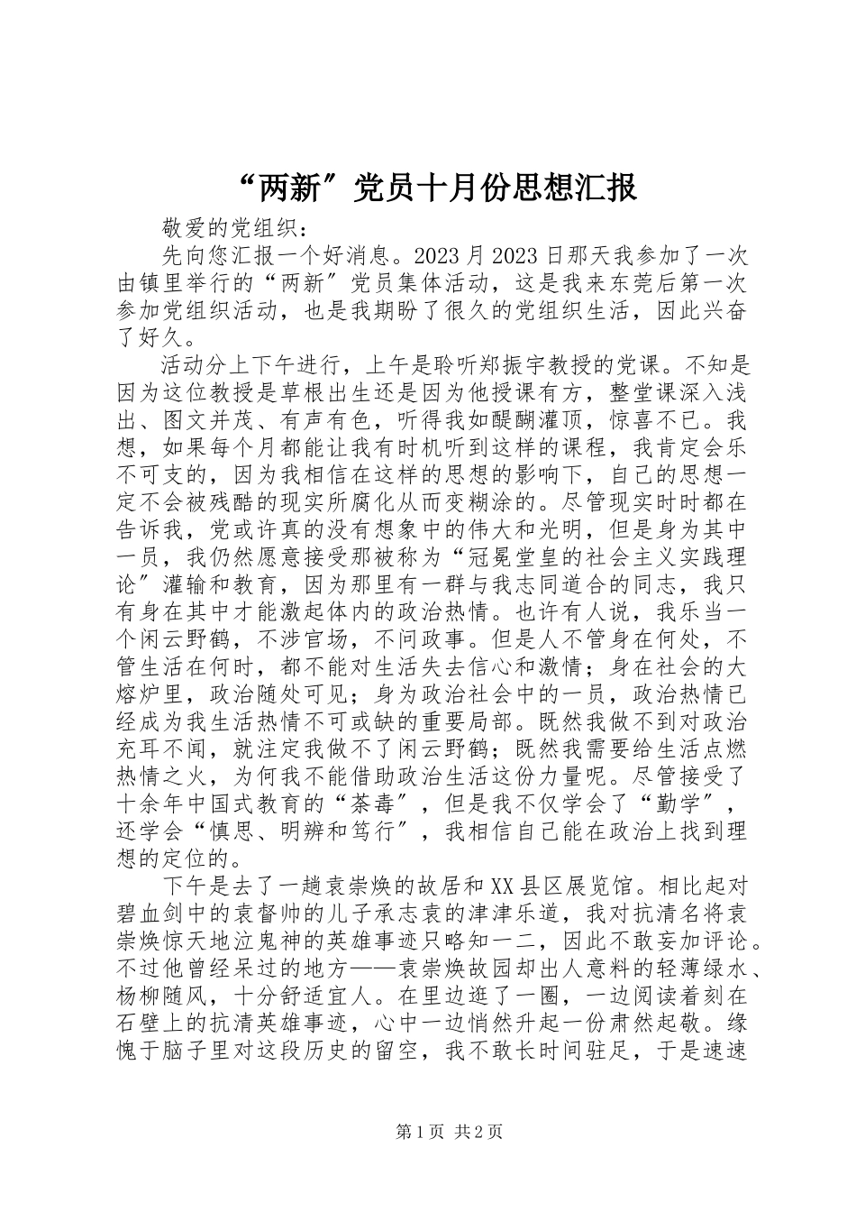 2023年“两新”党员十月份思想汇报新编.docx_第1页