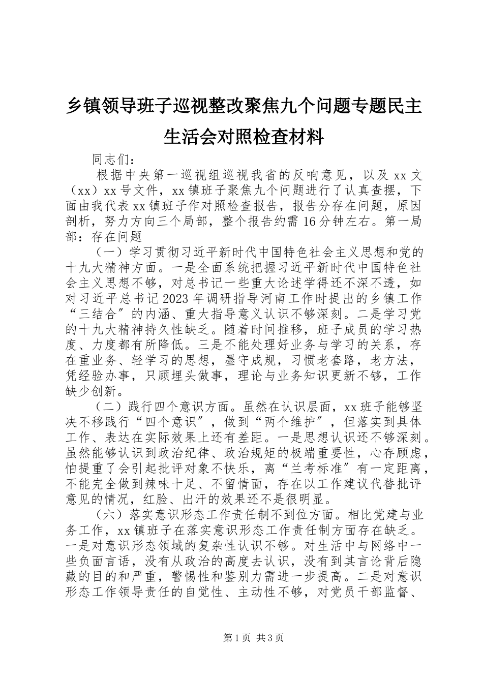 2023年乡镇领导班子巡视整改聚焦九个问题专题民主生活会对照检查材料.docx_第1页