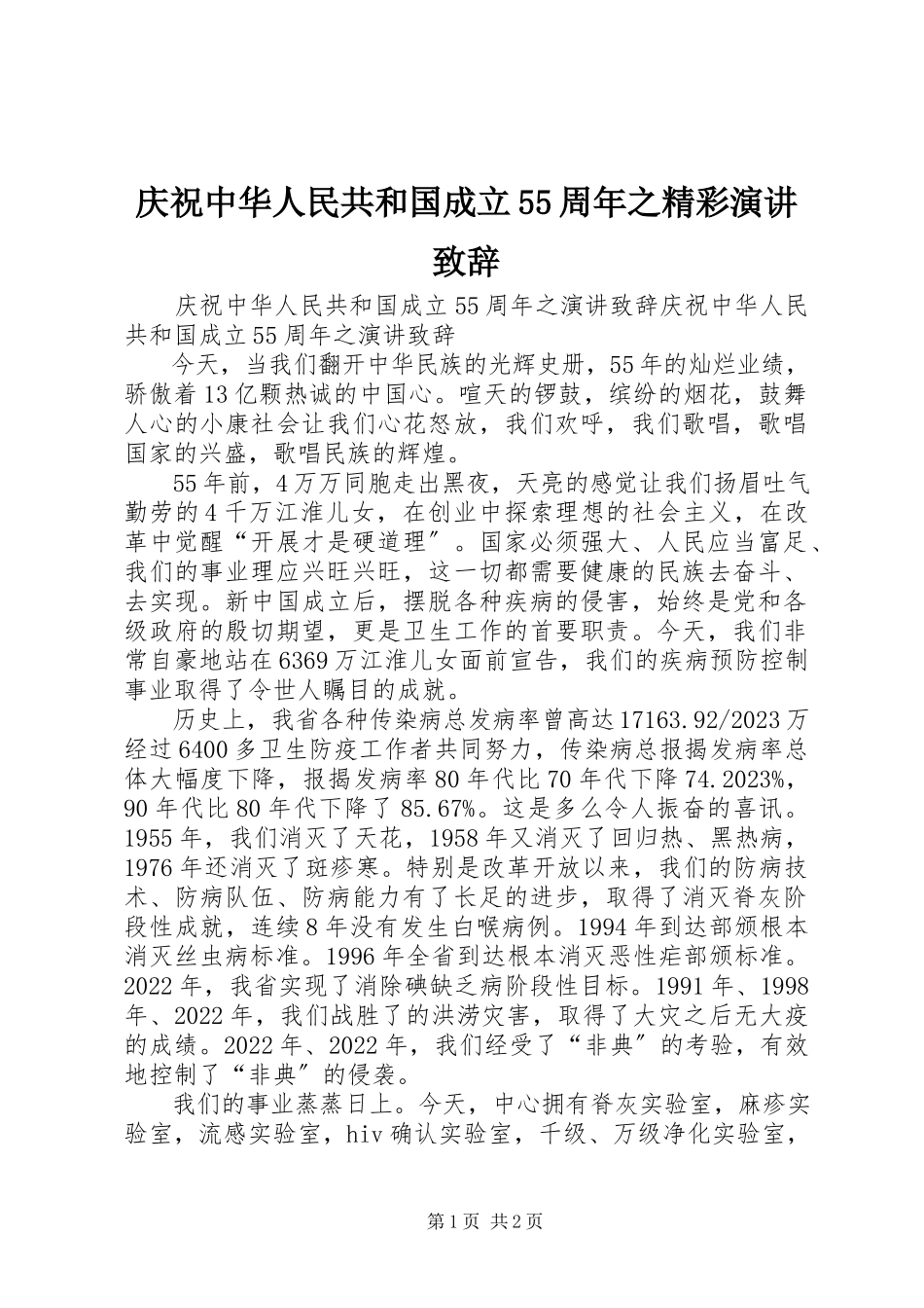 2023年庆祝中华人民共和国成立55周年之精彩演讲致辞.docx_第1页