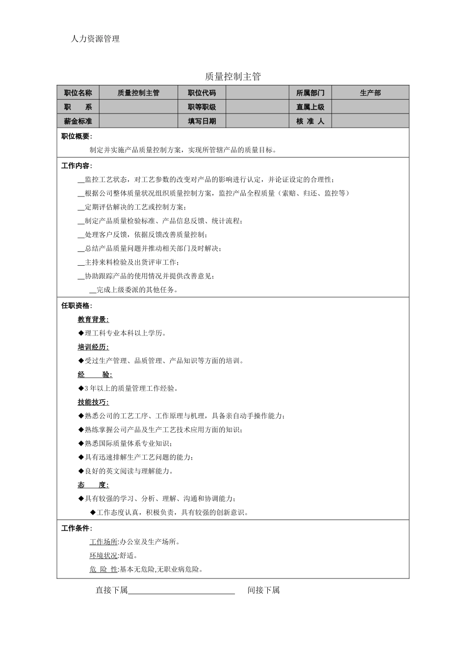 人力资源管理 企业管理 岗位说明 质量控制主管岗位职责.docx_第1页