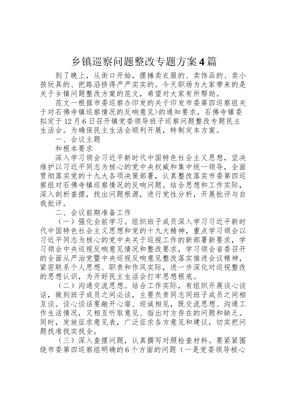 2023年乡镇巡察问题整改专题方案4篇.doc_第1页