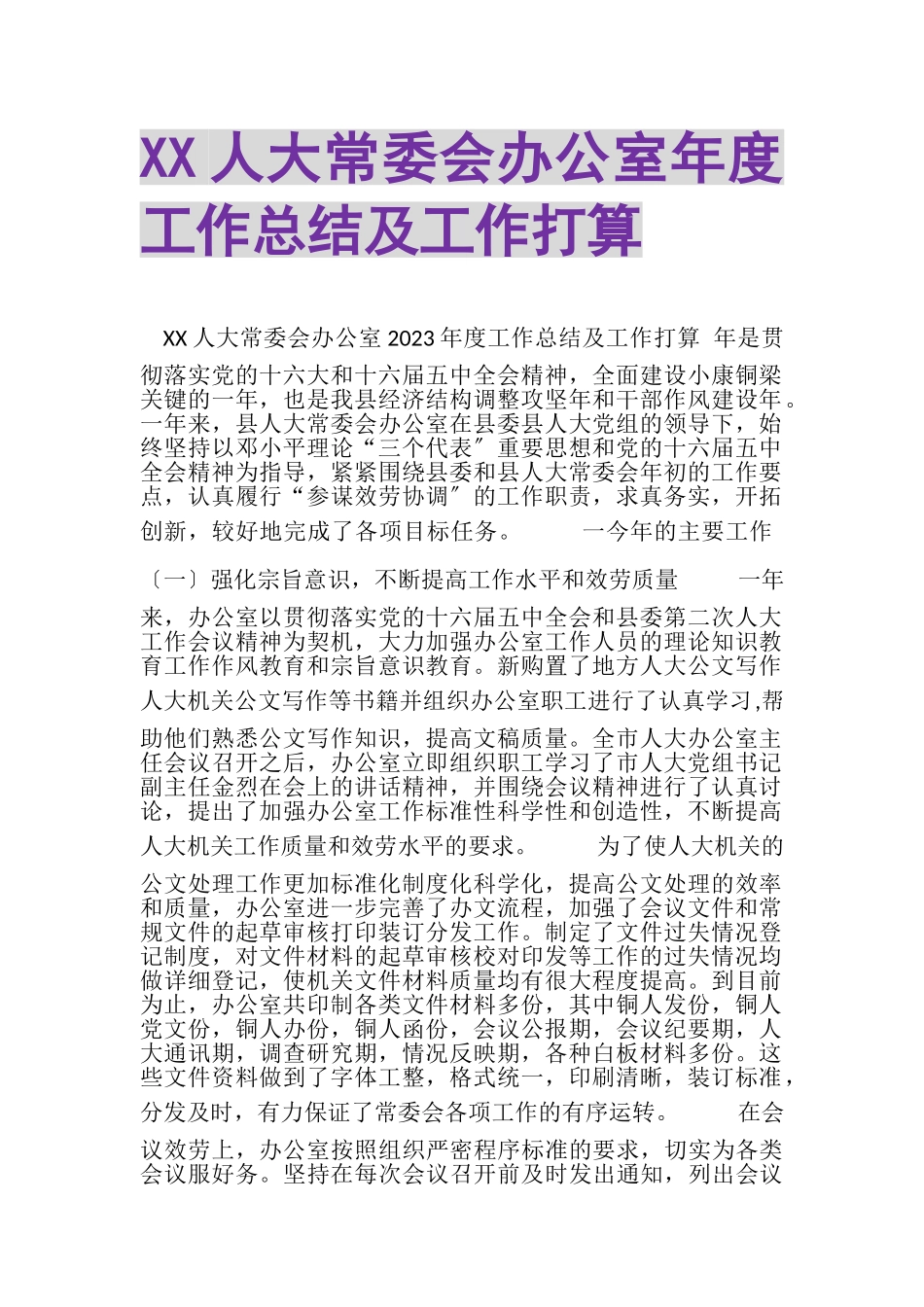 2023年XX人大常委会办公室年度工作总结及工作打算.doc_第1页