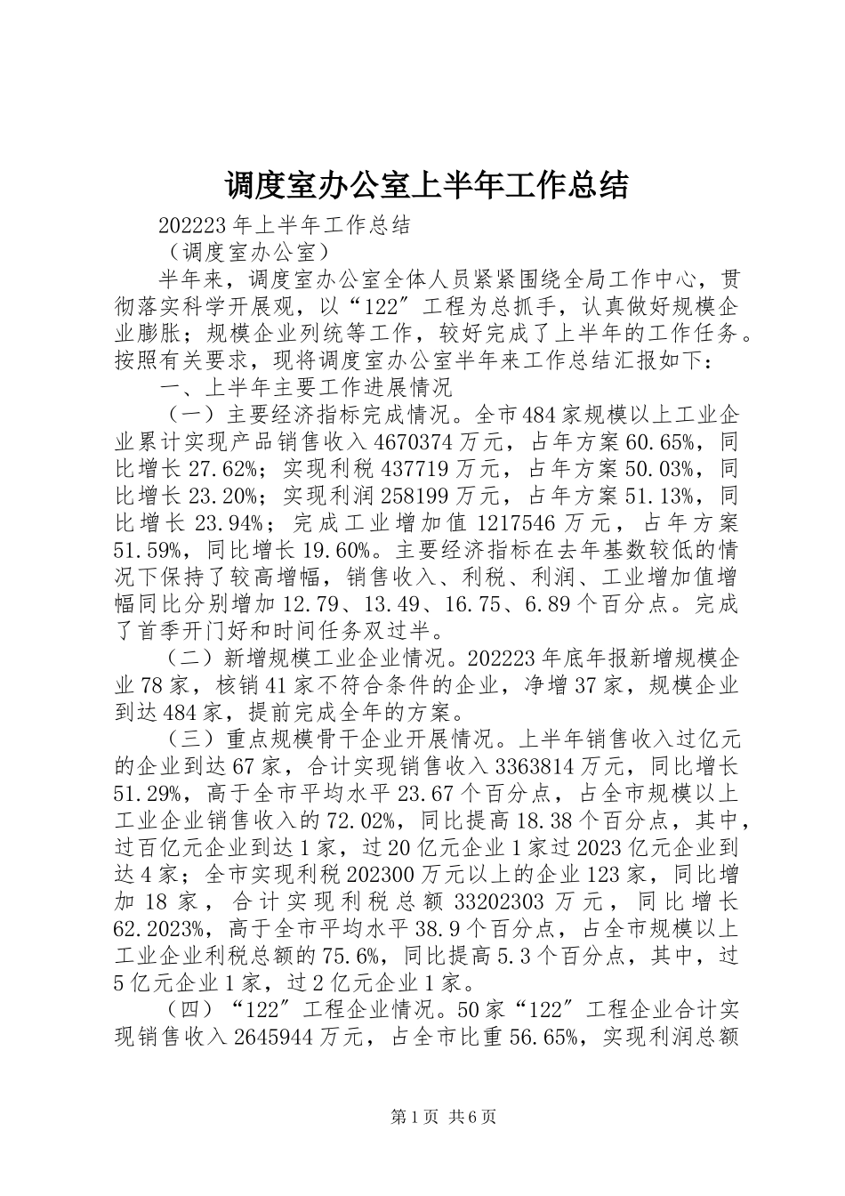 2023年调度室办公室上半年工作总结.docx_第1页