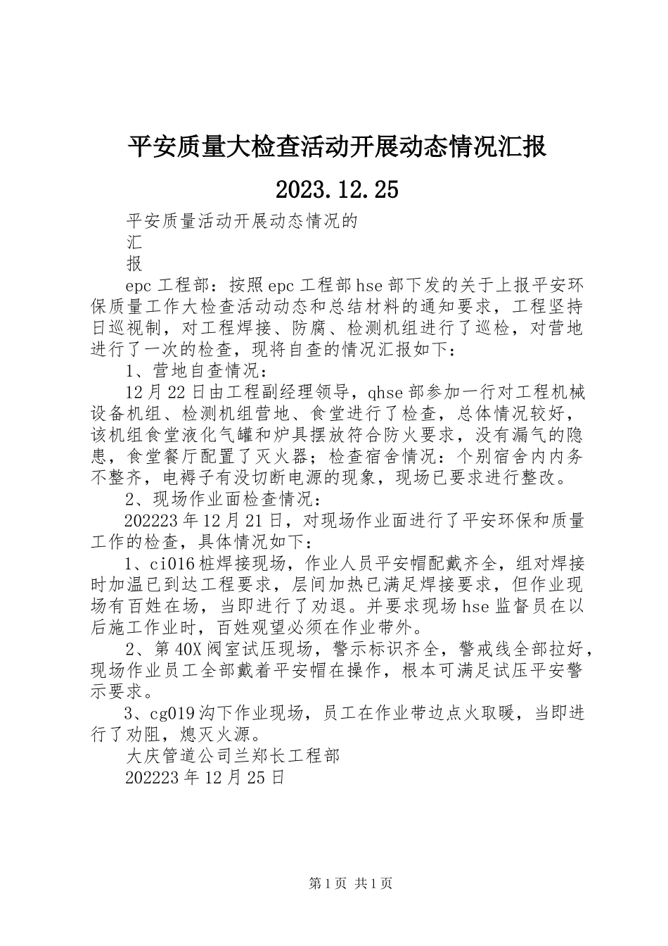 2023年安全质量大检查活动开展动态情况汇报2新编.docx_第1页