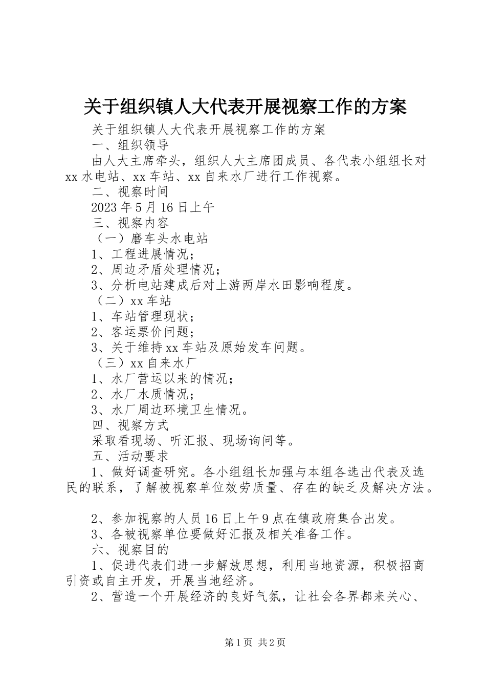 2023年组织镇人大代表开展视察工作的方案.docx_第1页