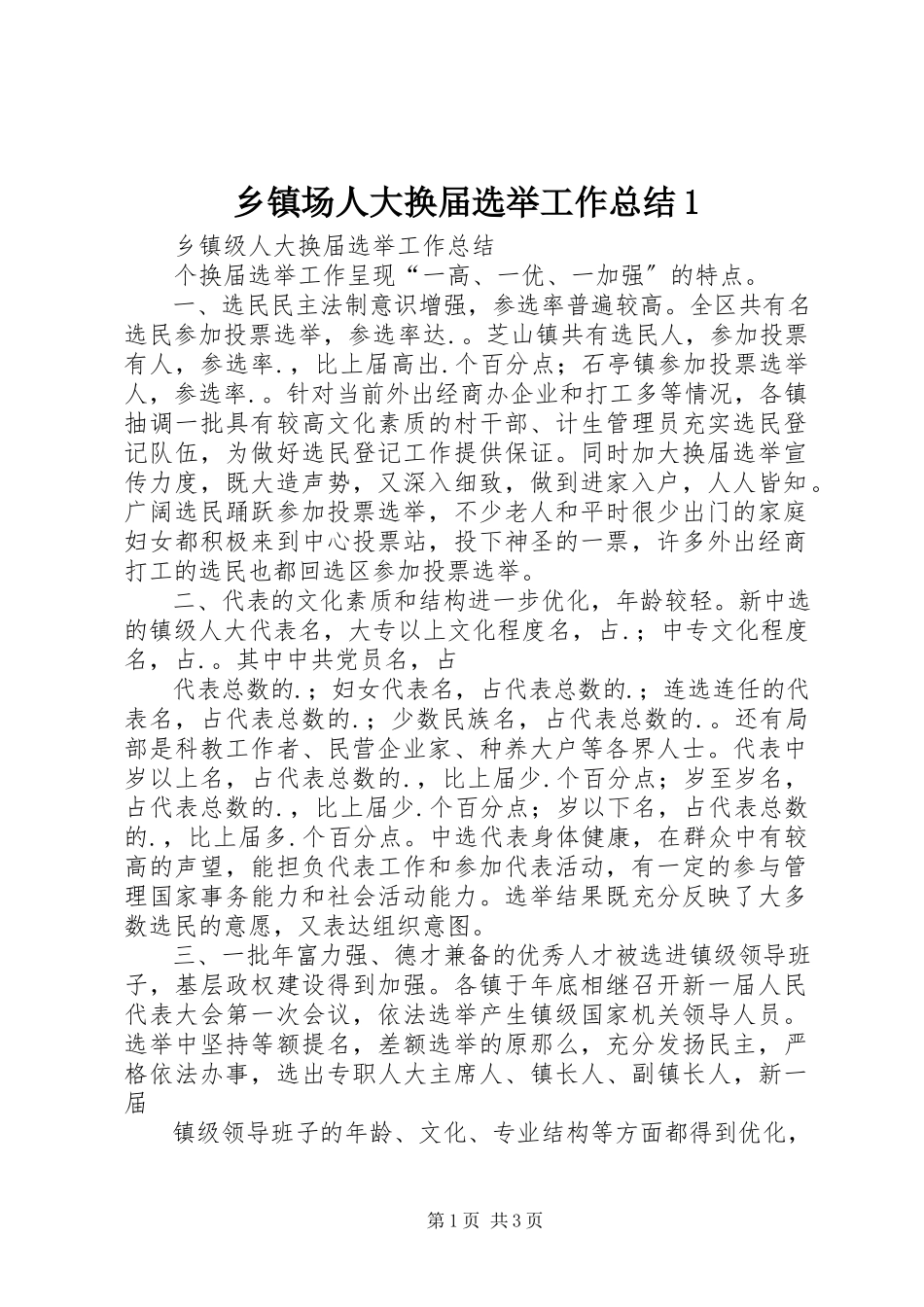 2023年乡镇场人大换届选举工作总结1.docx_第1页