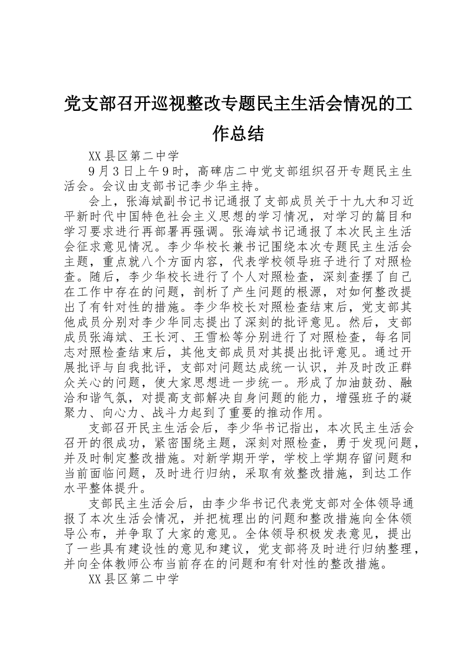 2023年党支部召开巡视整改专题民主生活会情况的工作总结.docx_第1页
