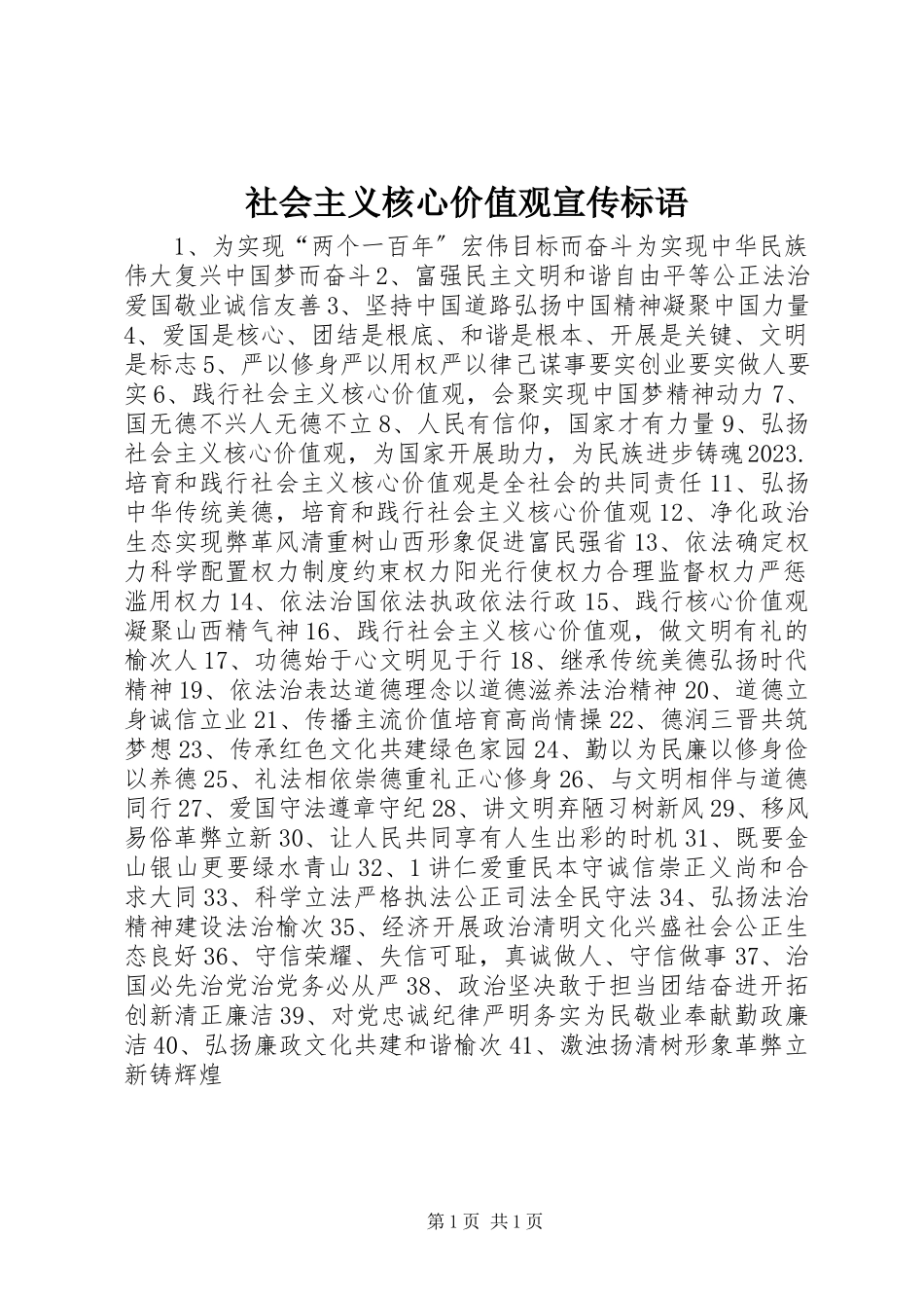 2023年社会主义核心价值观宣传标语.docx_第1页