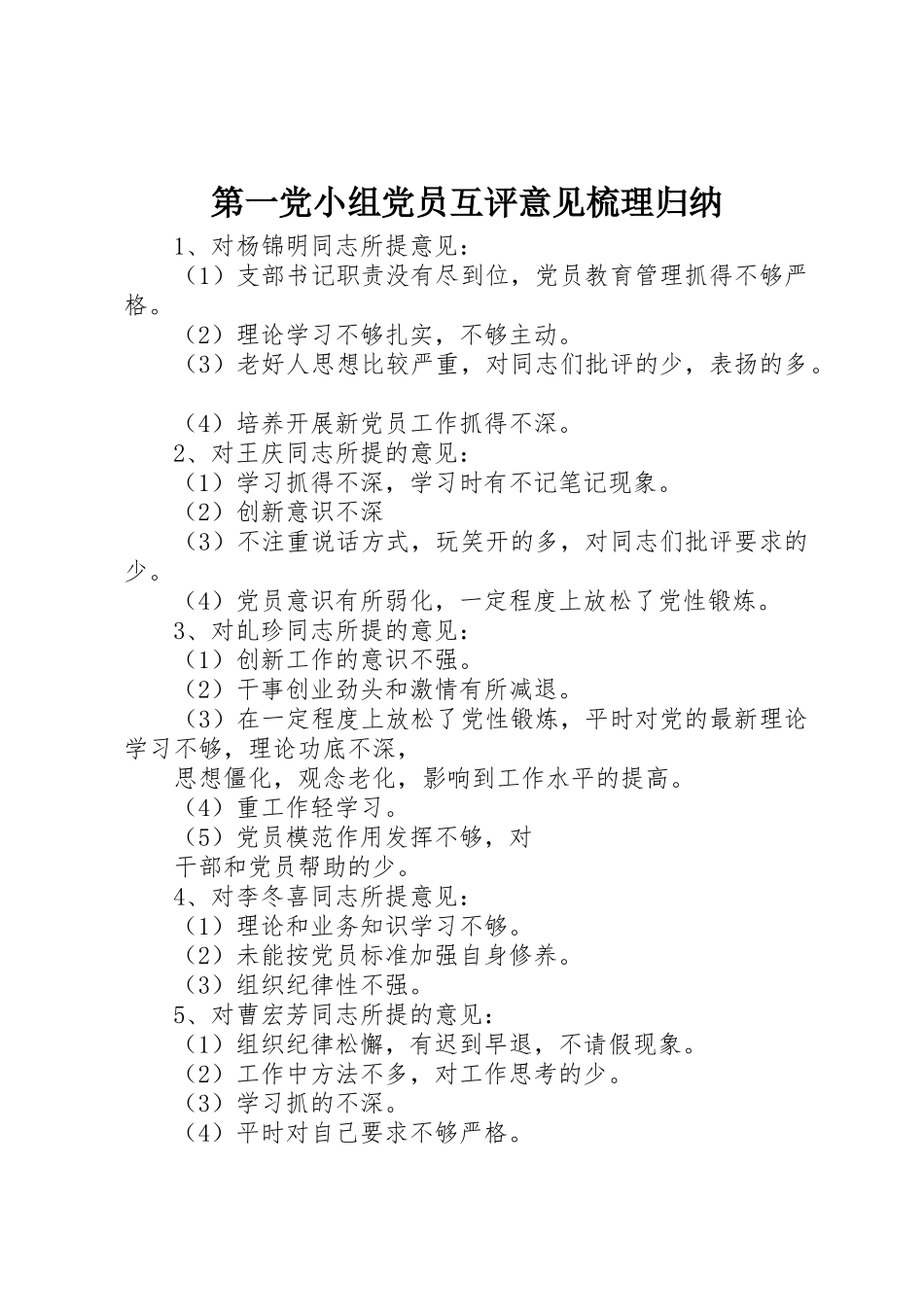 2023年第一党小组党员互评意见梳理归纳新编.docx_第1页