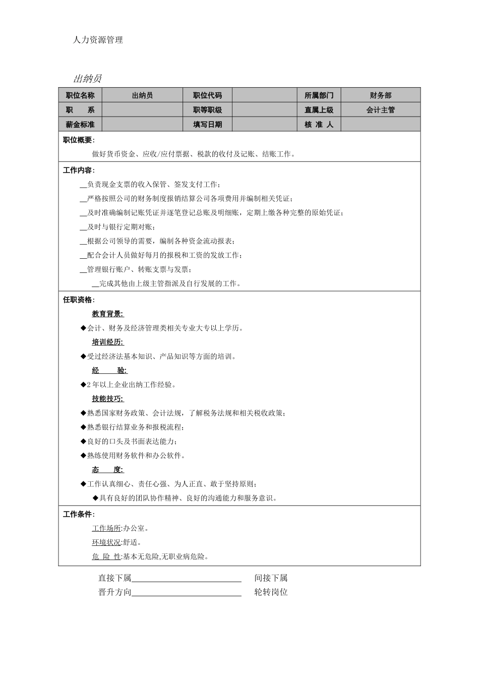人力资源管理 企业管理 岗位说明 出纳员.docx_第1页