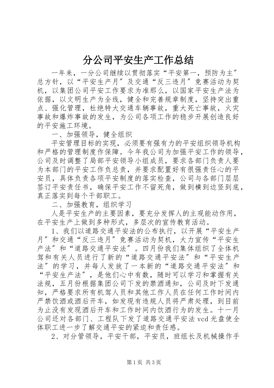 2023年分公司安全生产工作总结.docx_第1页