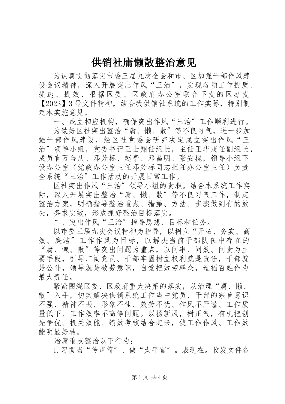 2023年供销社庸懒散整治意见.docx_第1页