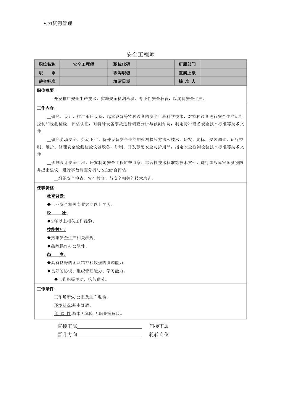人力资源管理 企业管理 岗位说明 安全工程师岗位职责.docx_第1页