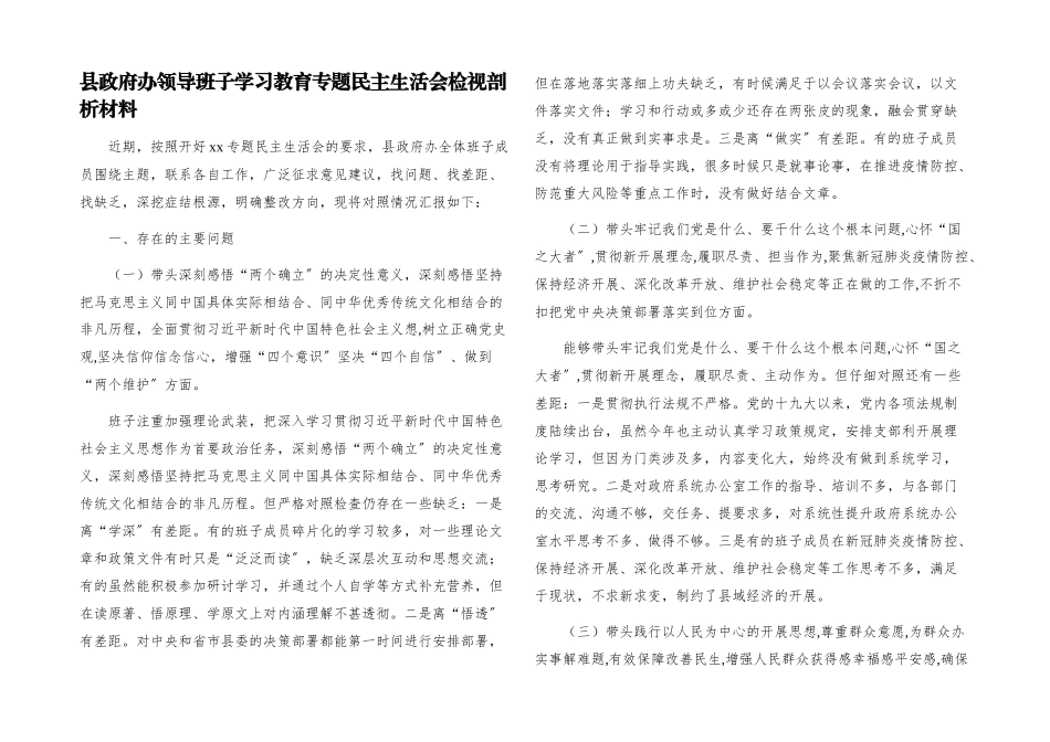 2023年县政府办领导班子学习教育专题民主生活会检视剖析材料.docx_第1页