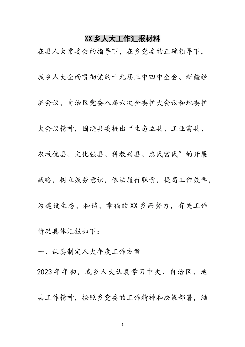 2023年XX乡人大工作汇报材料范文.doc_第1页