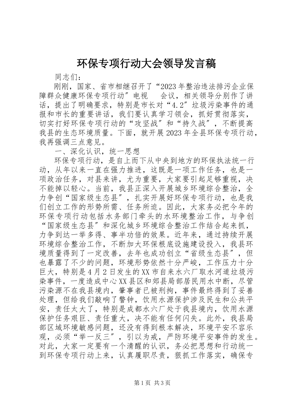 2023年环保专项行动大会领导讲话稿.docx_第1页