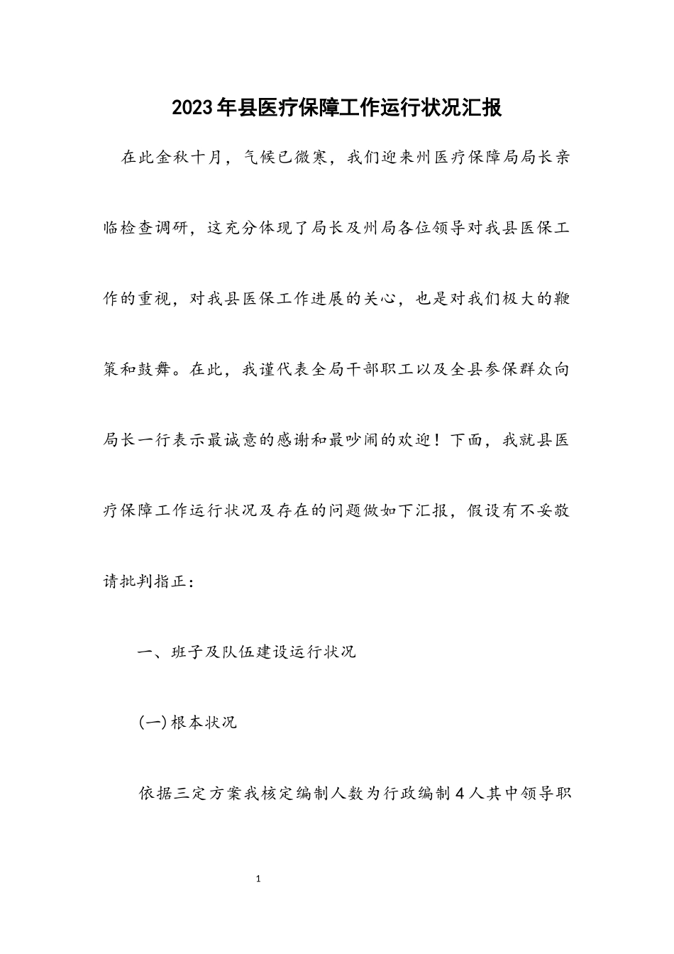 2023年县医疗保障工作运行情况汇报.docx_第1页
