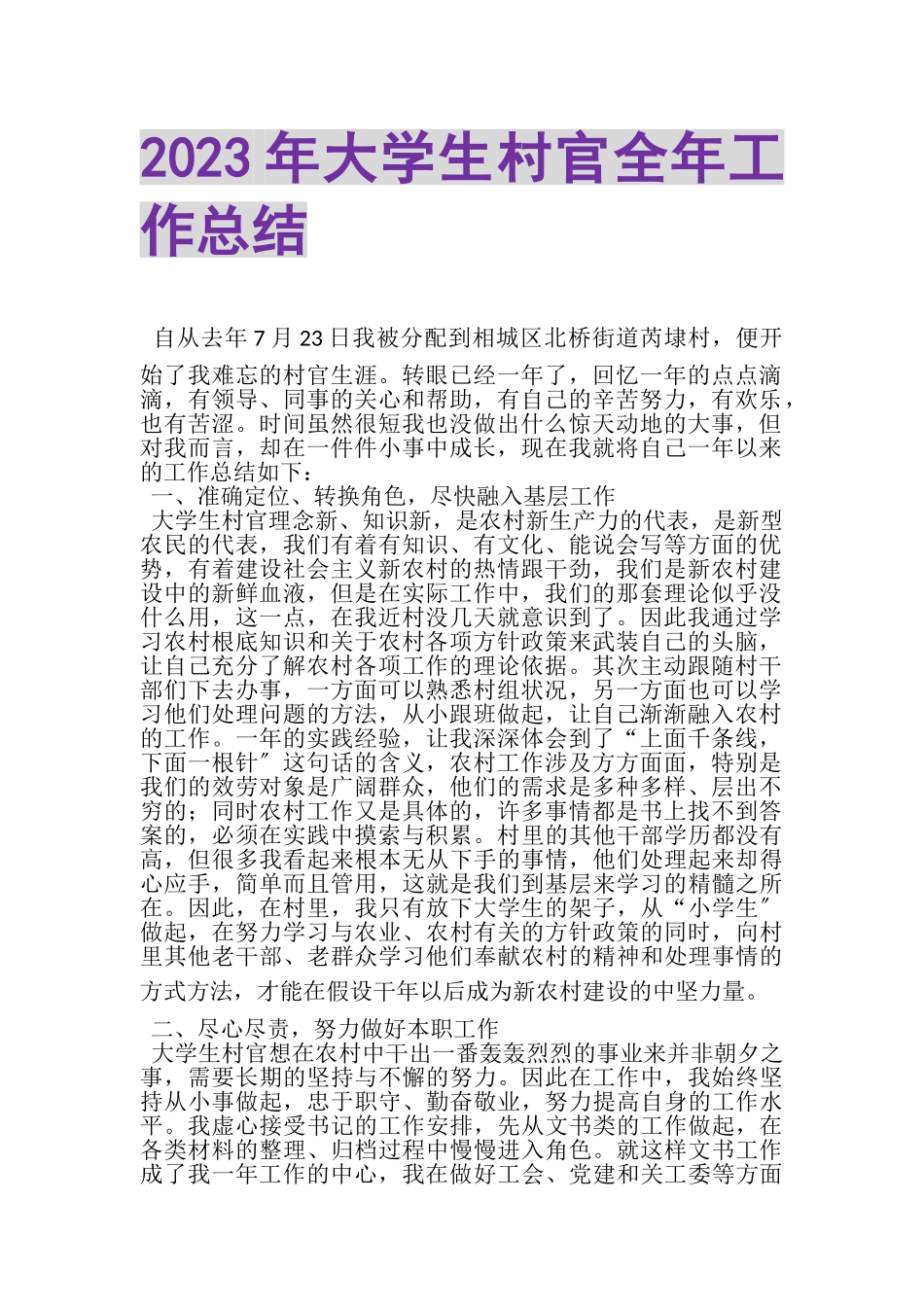 2023年大学生村官全年工作总结.doc_第1页