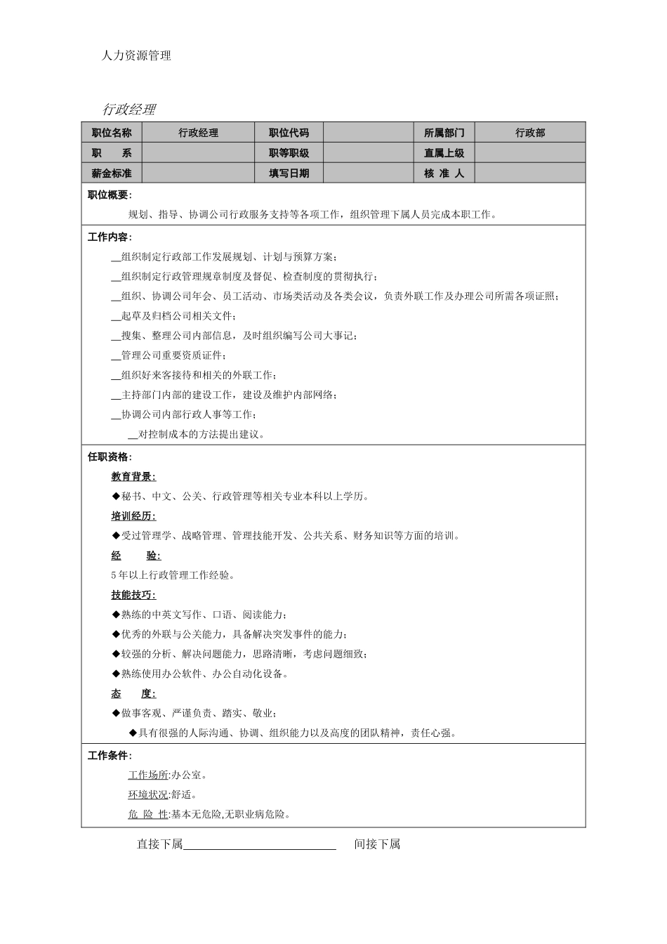 人力资源管理 企业管理 岗位说明 行政经理.docx_第1页
