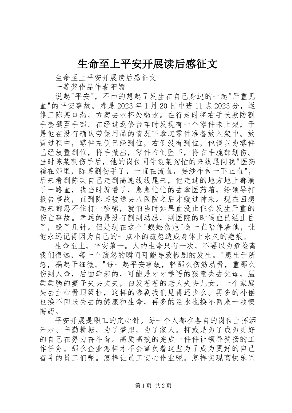 2023年《生命至上安全发展》读后感征文新编.docx_第1页