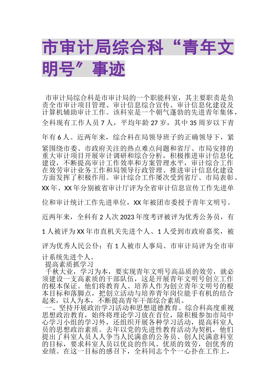 2023年市审计局综合科青年文明号事迹.doc_第1页