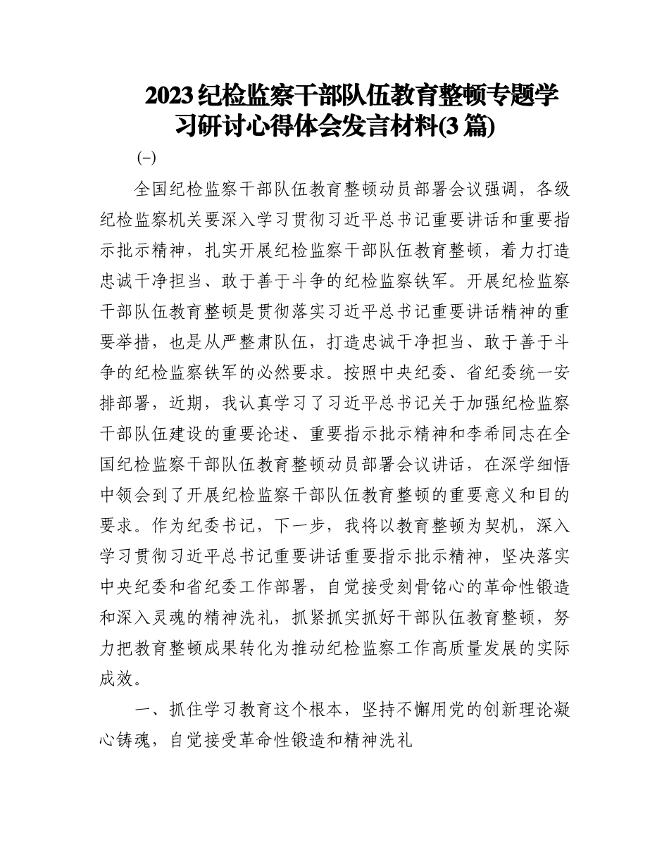 (3篇)2023纪检监察干部队伍教育整顿专题学习研讨心得体会发言材料.docx_第1页
