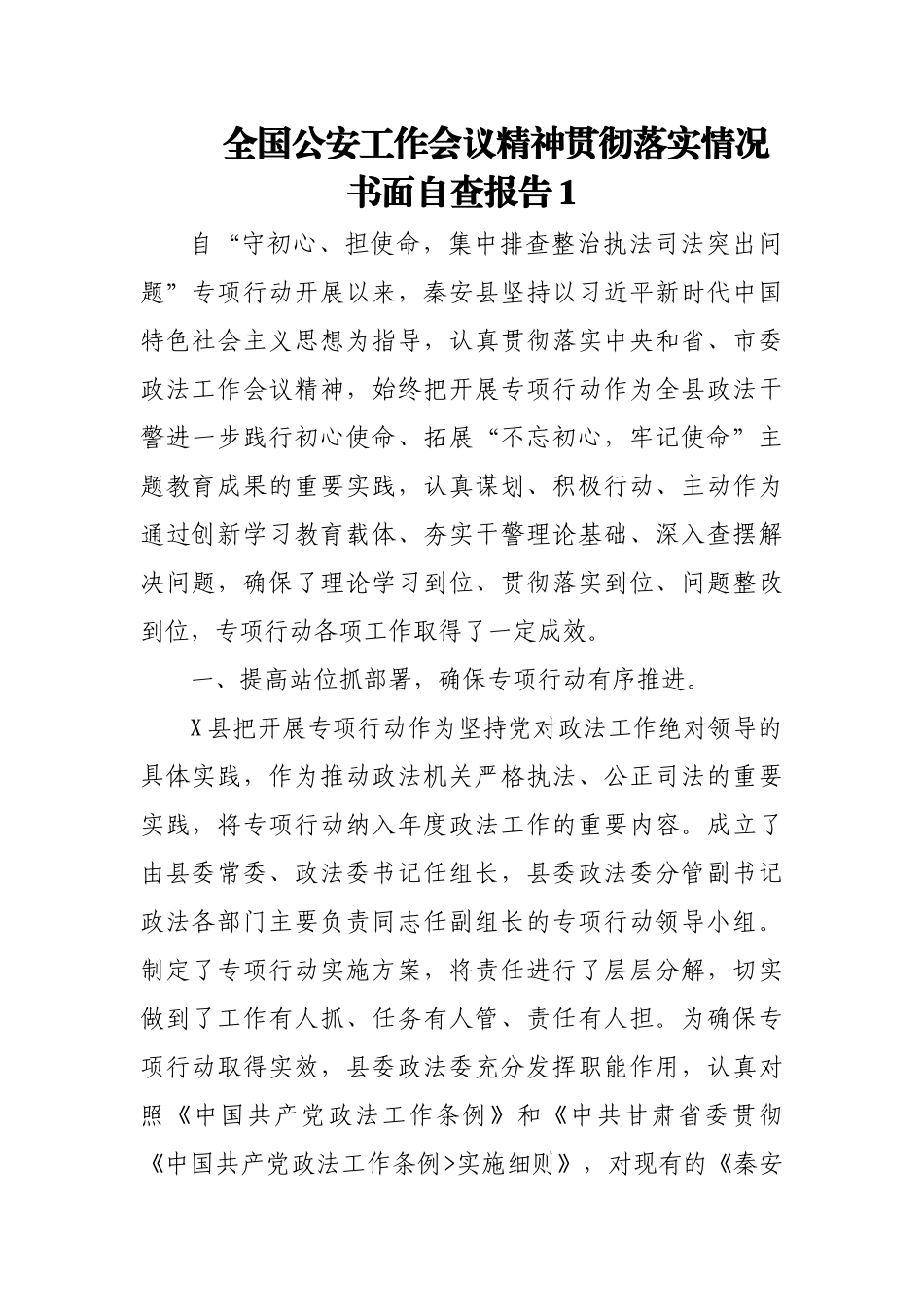 (3篇)全国公安工作会议精神贯彻落实情况书面自查报告.docx_第1页