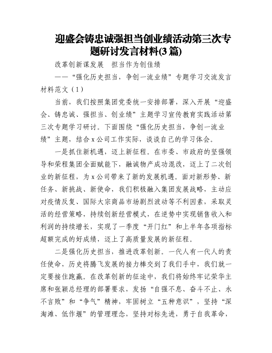 (3篇)迎盛会铸忠诚强担当创业绩活动第三次专题研讨发言材料.docx_第1页