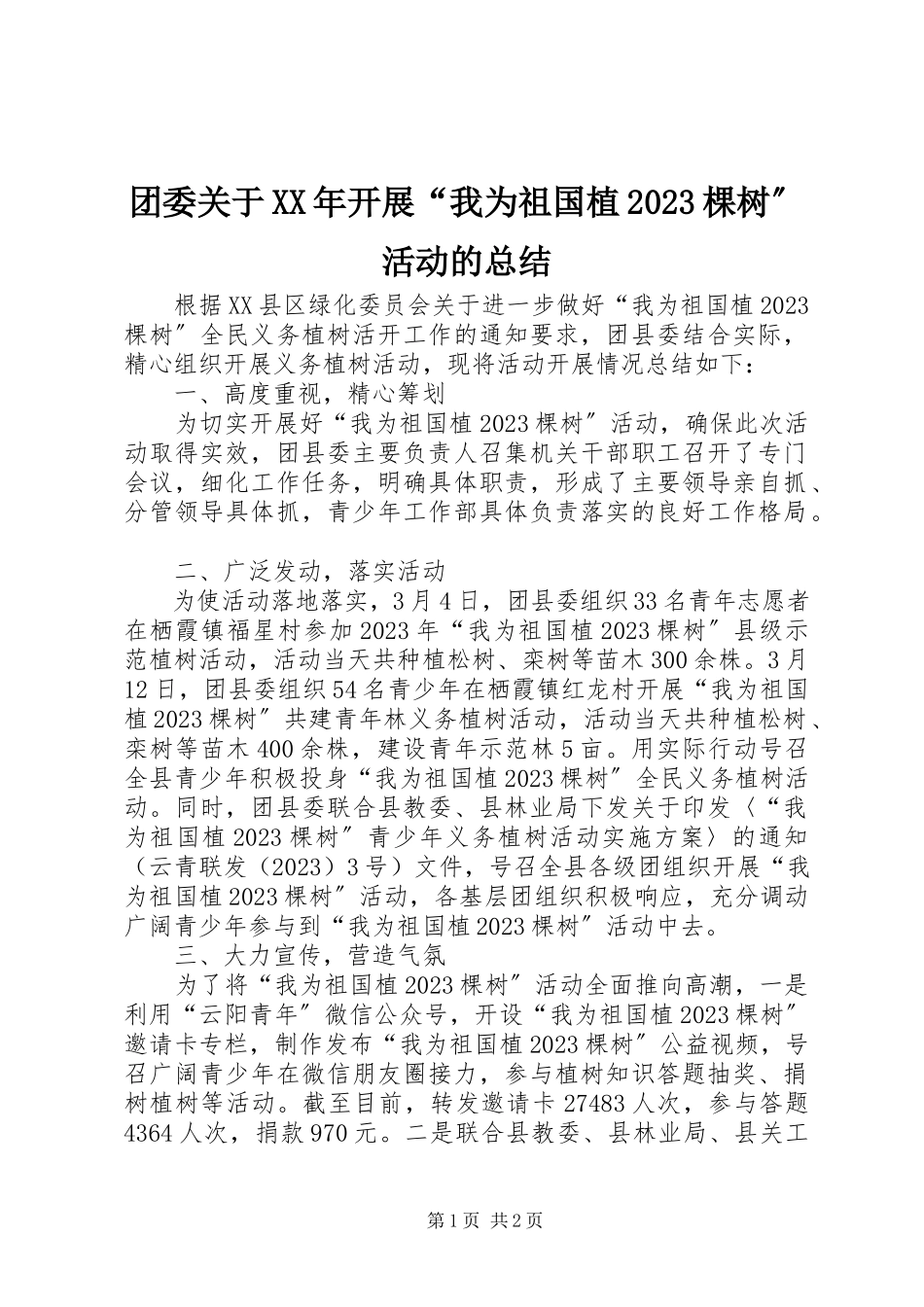 2023年团委开展“我为祖国植10棵树”活动的总结.docx_第1页