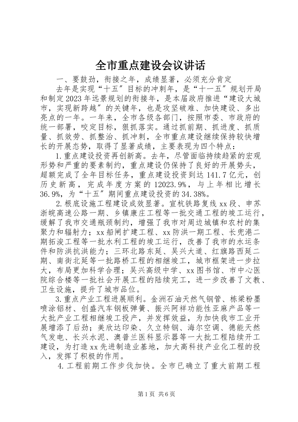 2023年全市重点建设会议致辞.docx_第1页