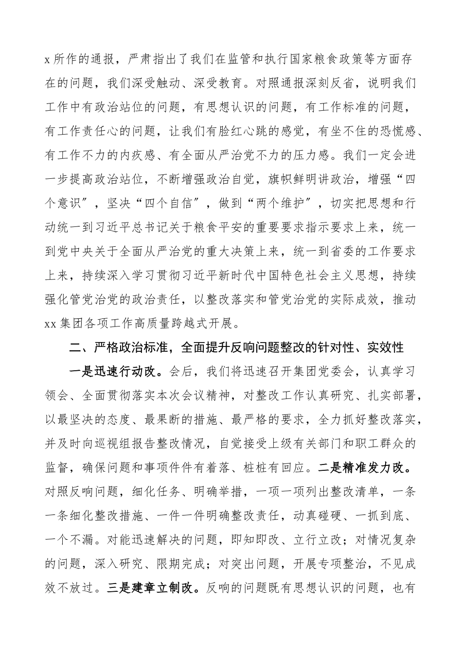 在集团涉粮问题专项巡视监督检查集中反馈暨整改部署推进会上的表态发言材料公司企业巡察会议粮食范文.docx_第2页