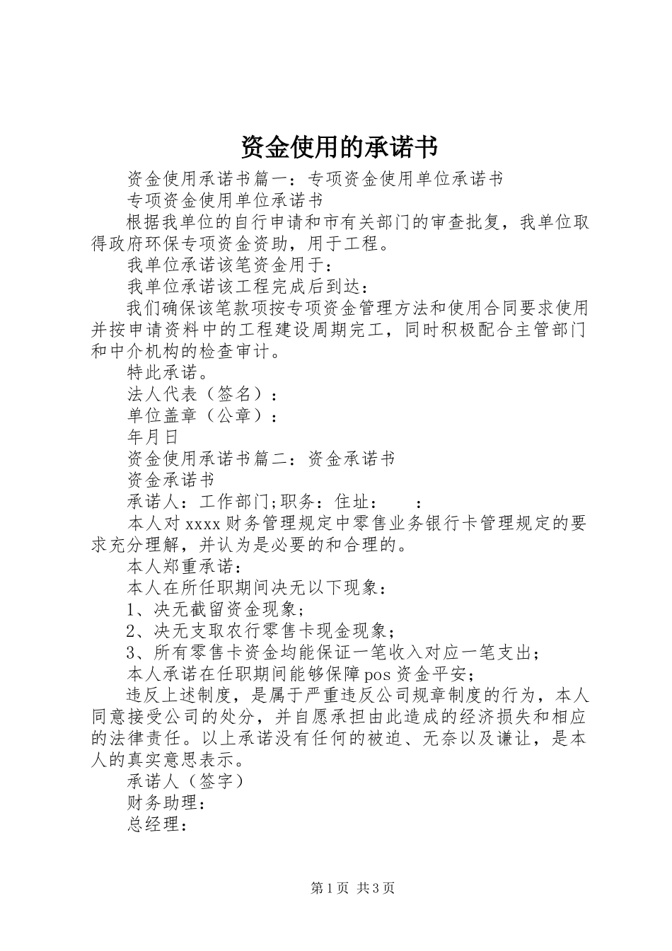 2023年资金使用的承诺书.docx_第1页