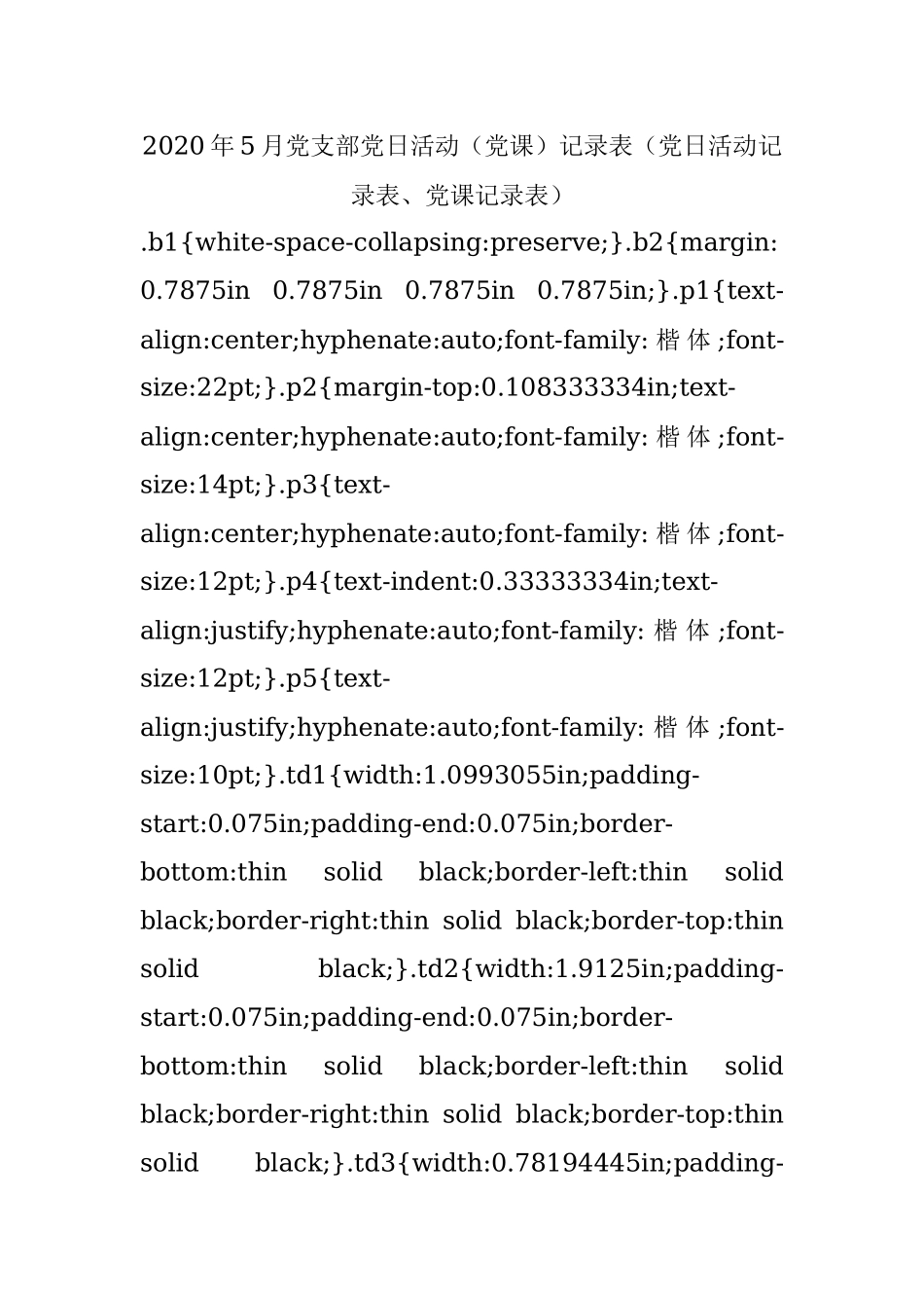 2020年5月党支部党日活动（党课）记录表（党日活动记录表、党课记录表）.docx_第1页