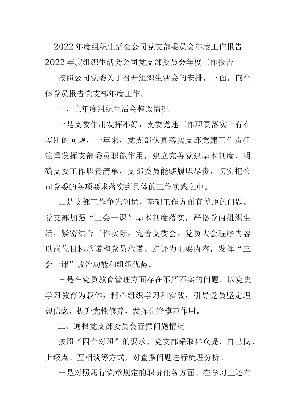 2022年度组织生活会公司党支部委员会年度工作报告.docx_第1页