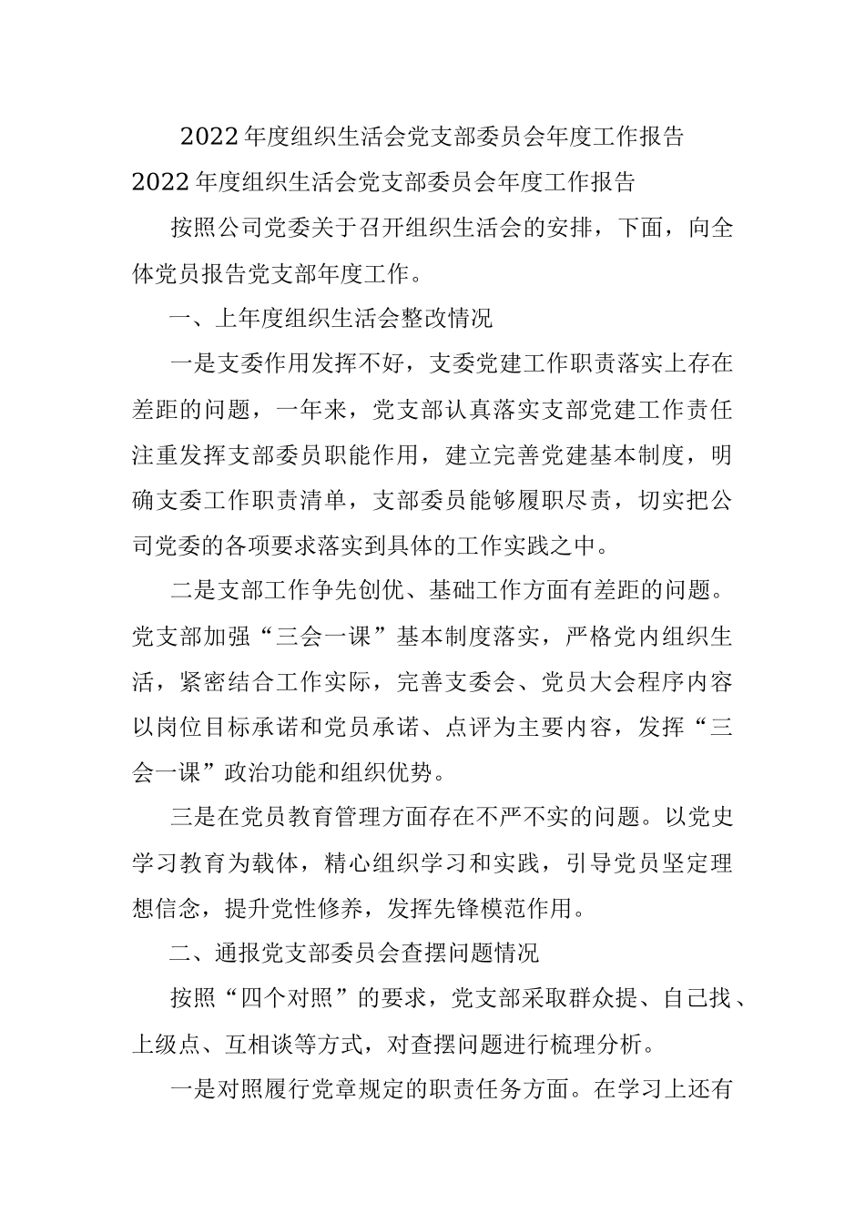 2022年度组织生活会党支部委员会年度工作报告.docx_第1页