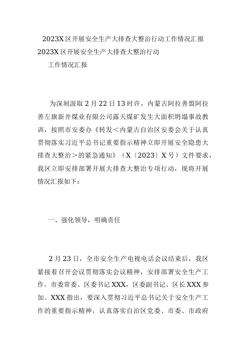 2023X区开展安全生产大排查大整治行动工作情况汇报.docx_第1页