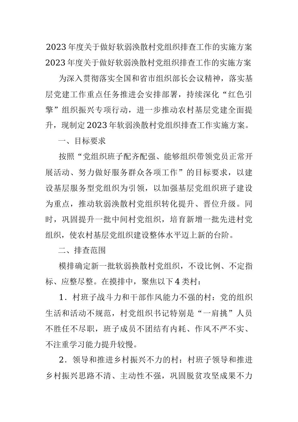 2023年度关于做好软弱涣散村党组织排查工作的实施方案.docx_第1页