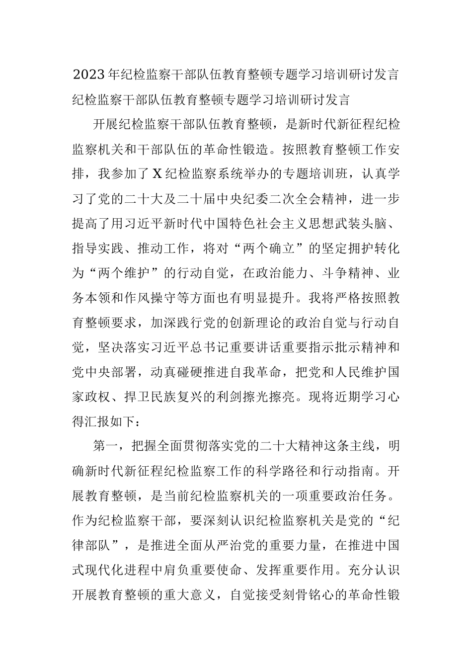 2023年纪检监察干部队伍教育整顿专题学习培训研讨发言.docx_第1页