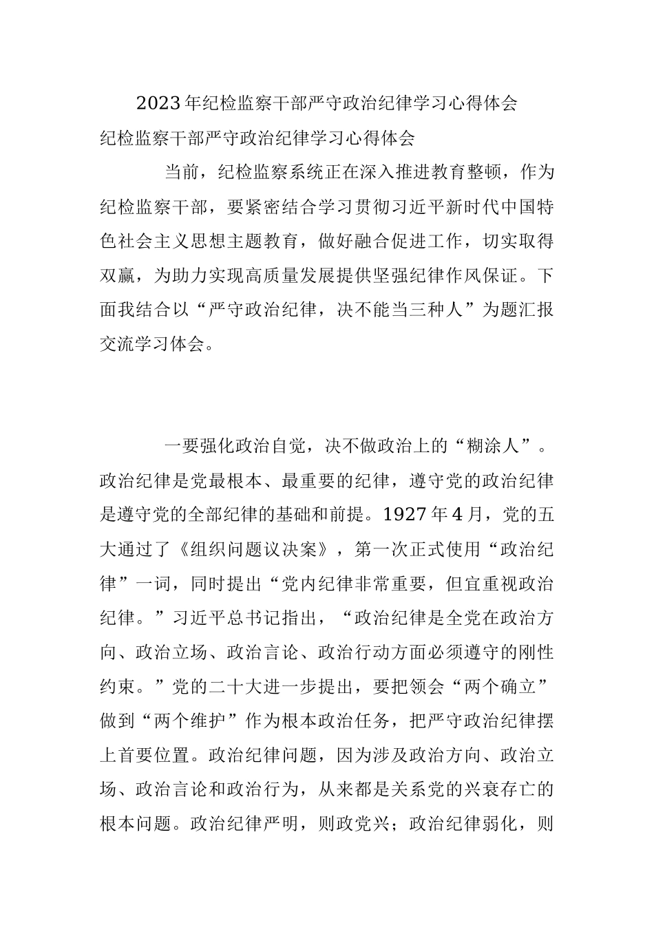 2023年纪检监察干部严守政治纪律学习心得体会.docx_第1页