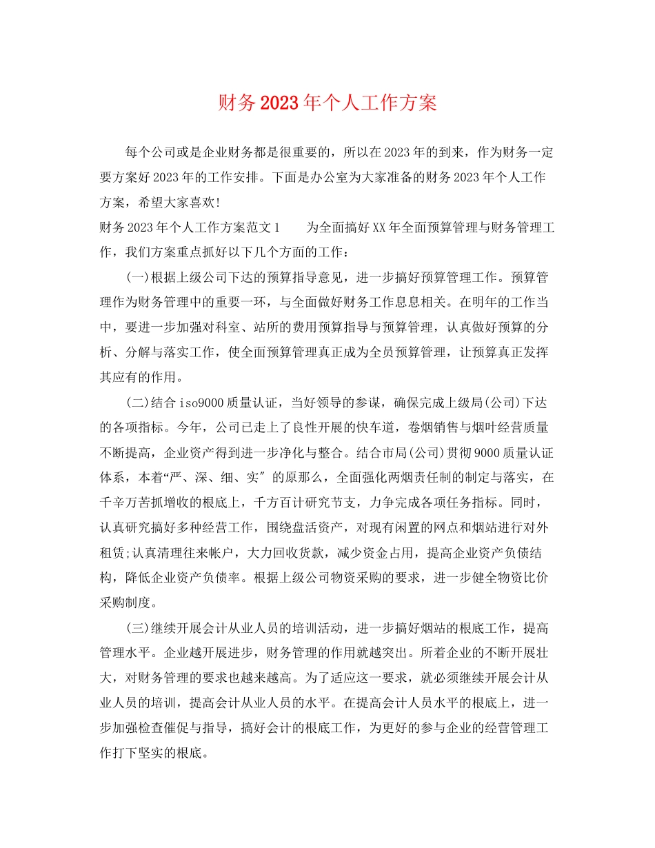 2023年财务个人工作计划.docx_第1页