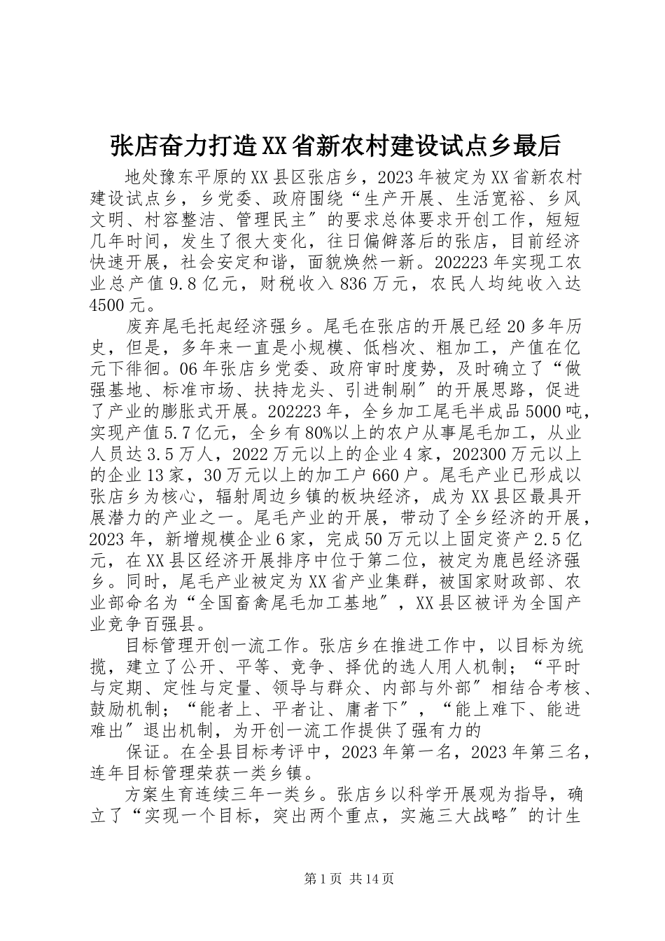 2023年张店奋力打造XX省新农村建设试点乡最后.docx_第1页