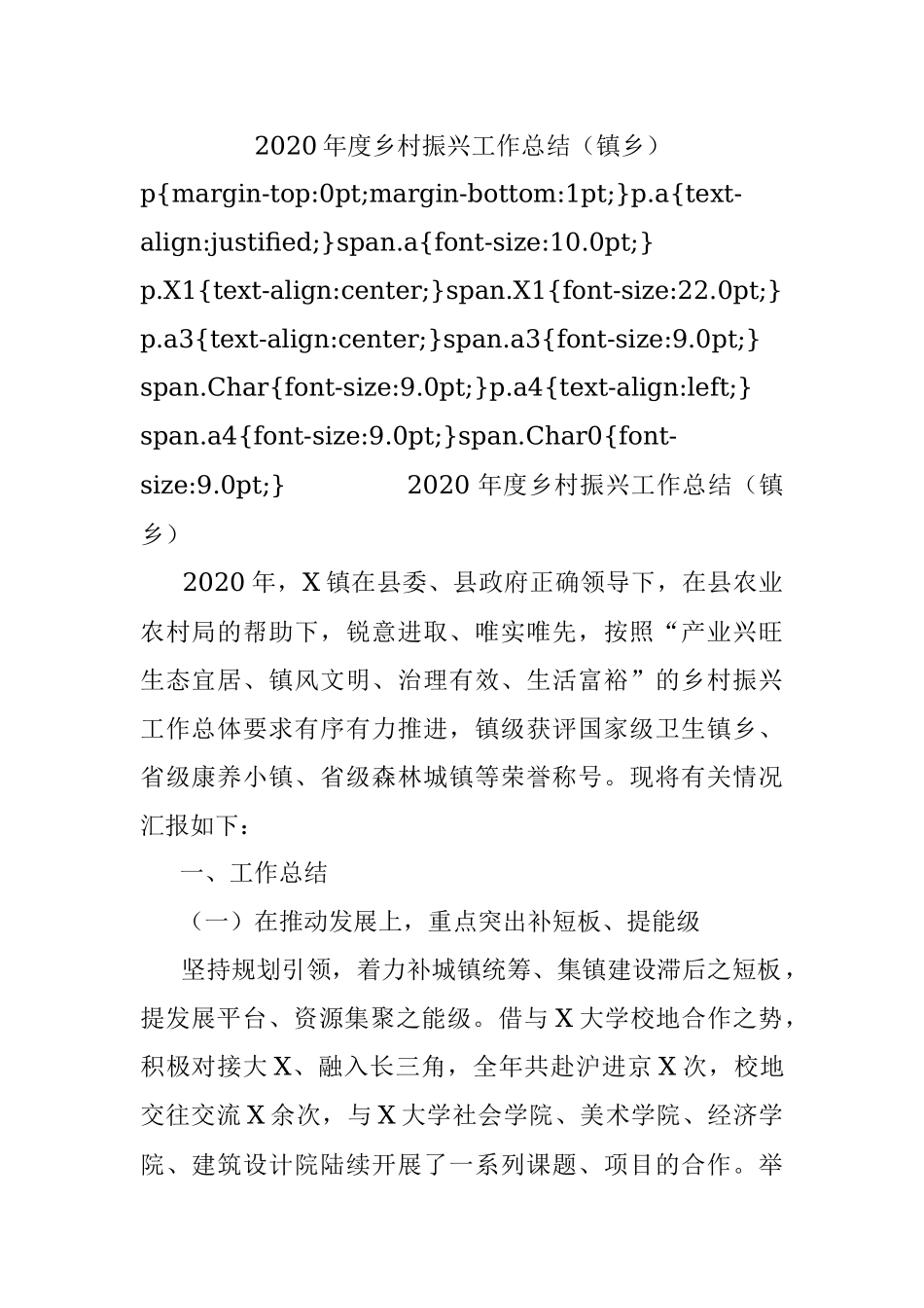 2020年度乡村振兴工作总结（镇乡）.docx_第1页