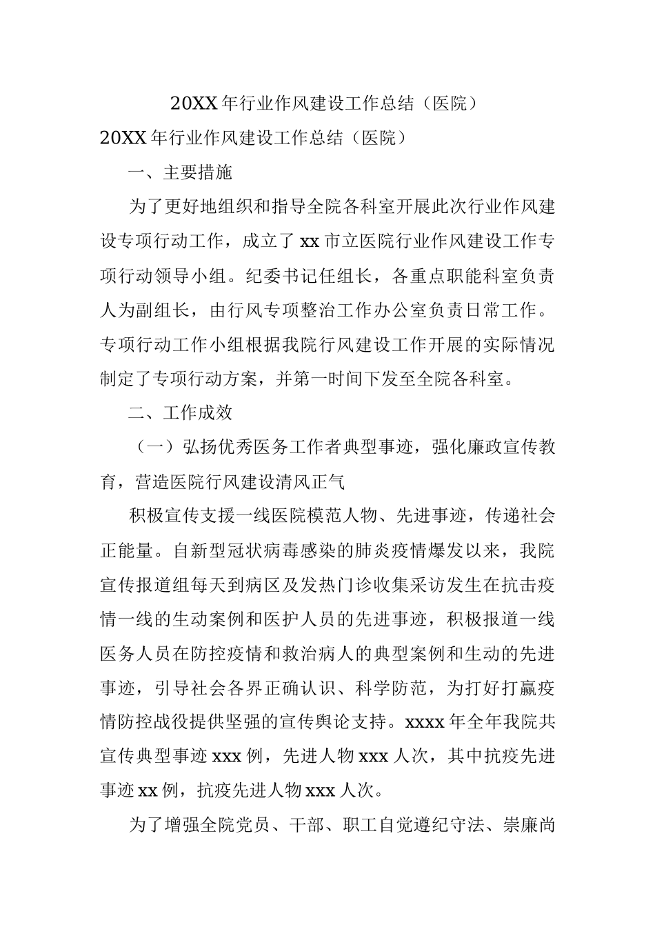 20XX年行业作风建设工作总结（医院）.docx_第1页