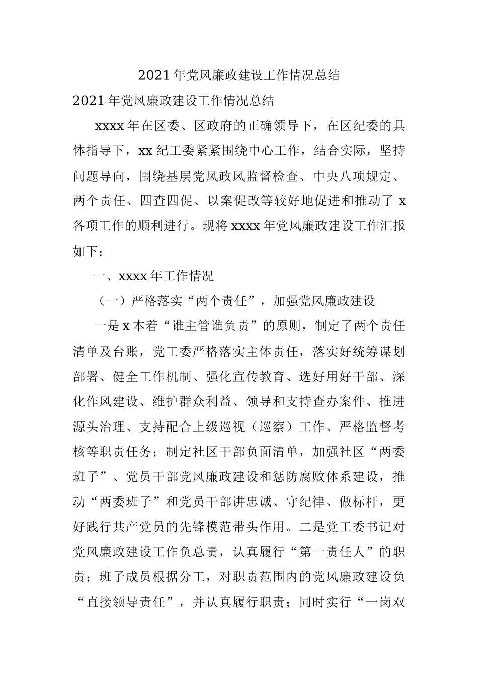 2021年党风廉政建设工作情况总结.docx_第1页