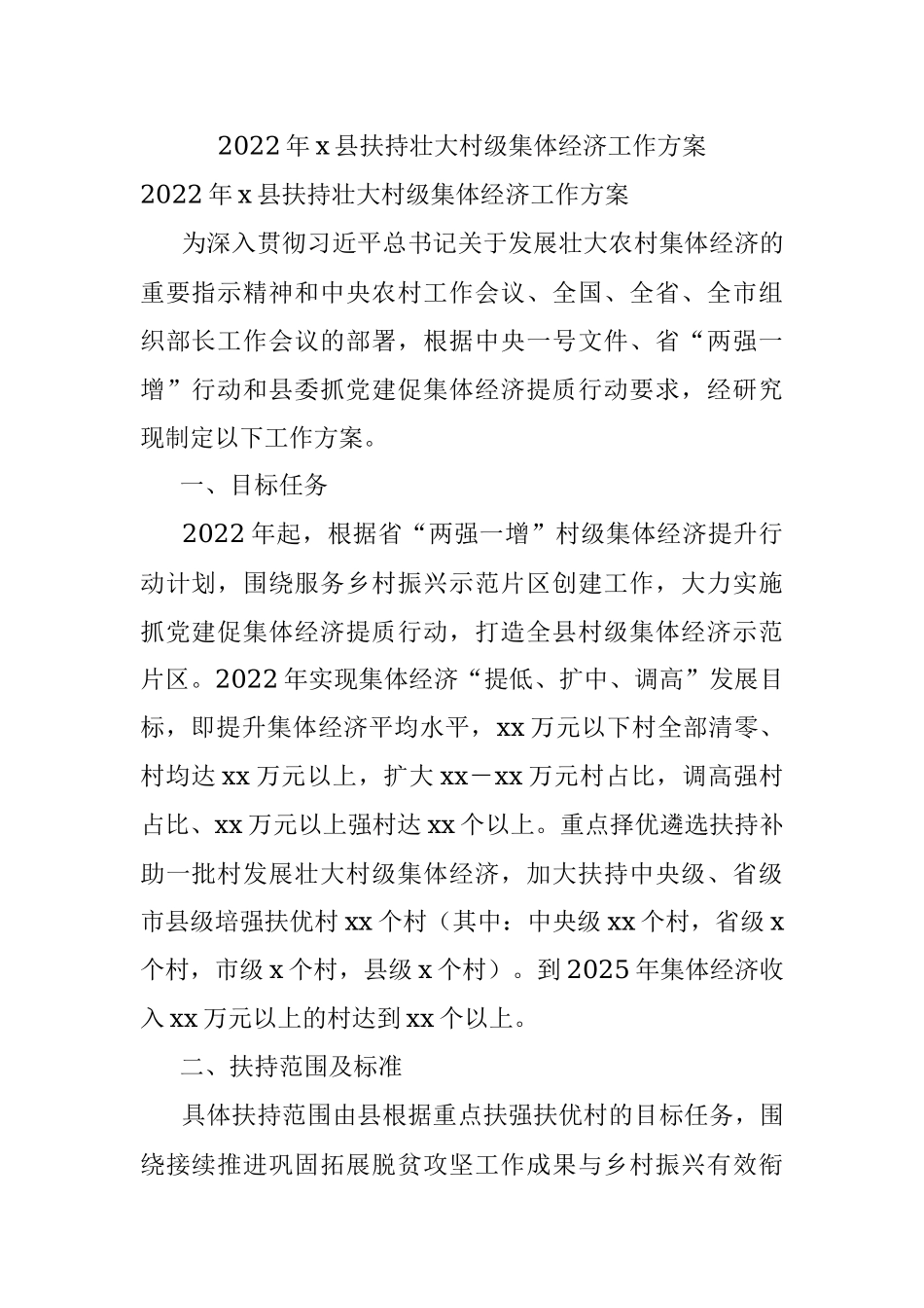 2022年x县扶持壮大村级集体经济工作方案.docx_第1页